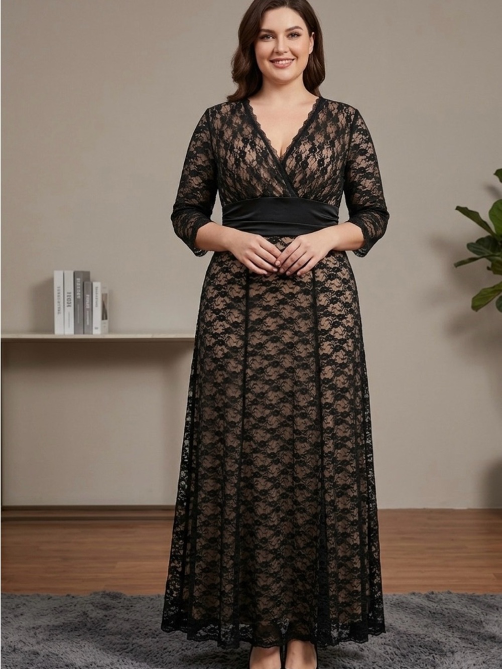 Black Lace Wrap Maxi Dress with Satin Waistband